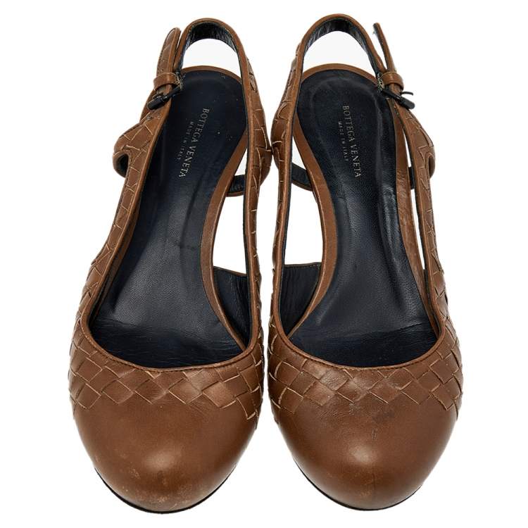 Pre Owned Bottega Veneta Brown Intrecciato Leather Slingback Sandals Size 38