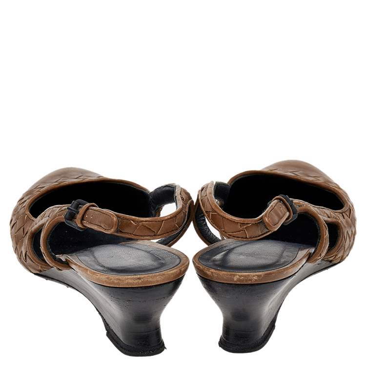 Pre Owned Bottega Veneta Brown Intrecciato Leather Slingback Sandals Size 38