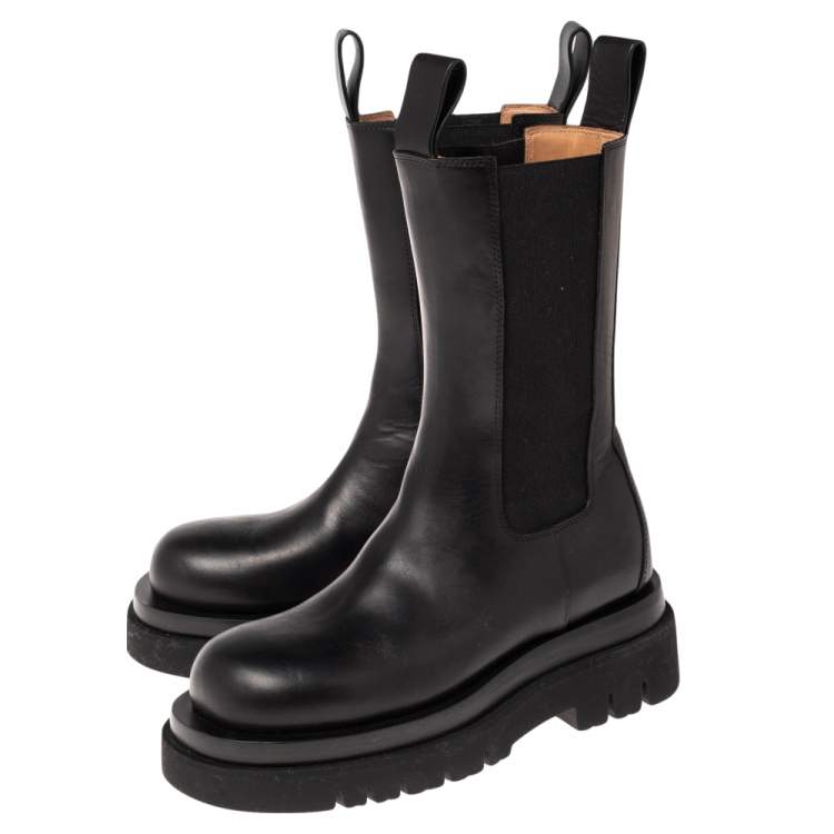 Pre Owned Bottega Veneta Black Leather Tire Mid Calf Boots Size 34