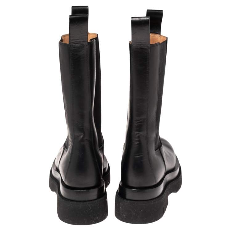 Pre Owned Bottega Veneta Black Leather Tire Mid Calf Boots Size 34