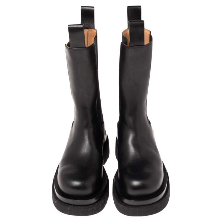 Pre Owned Bottega Veneta Black Leather Tire Mid Calf Boots Size 34