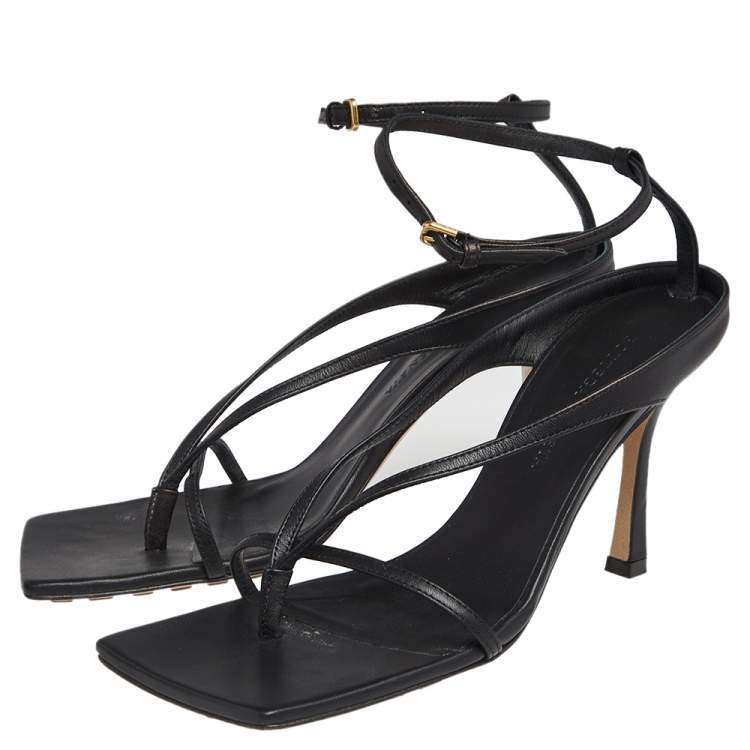 Pre Owned Bottega Veneta Black Leather Stretch Square Sandals Size 37.5