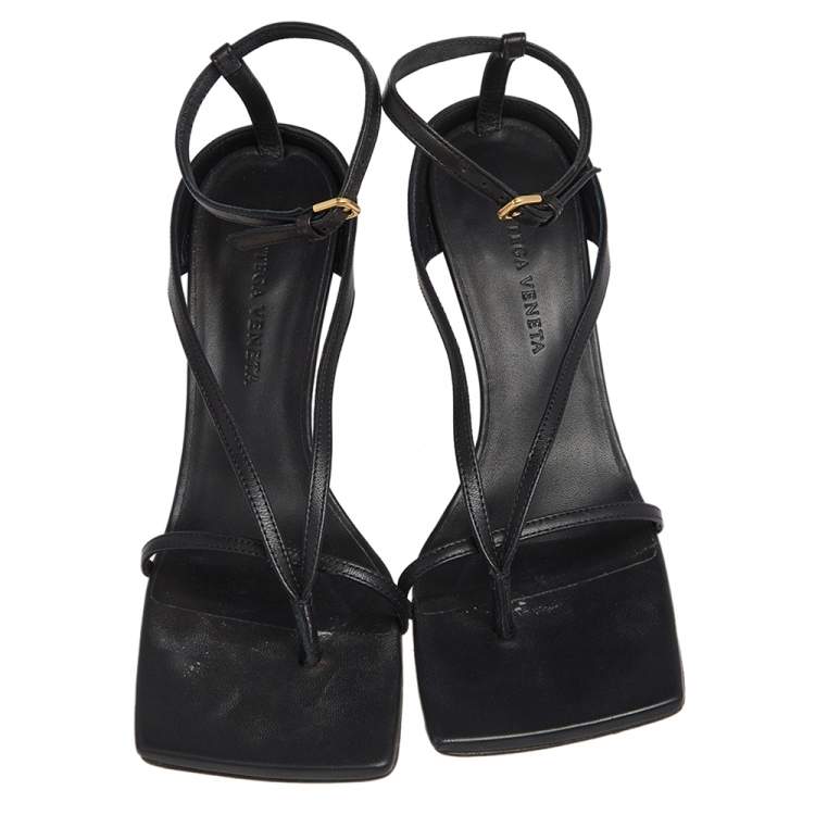 Pre Owned Bottega Veneta Black Leather Stretch Square Sandals Size 37.5