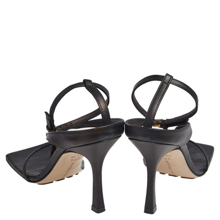 Pre Owned Bottega Veneta Black Leather Stretch Square Sandals Size 37.5