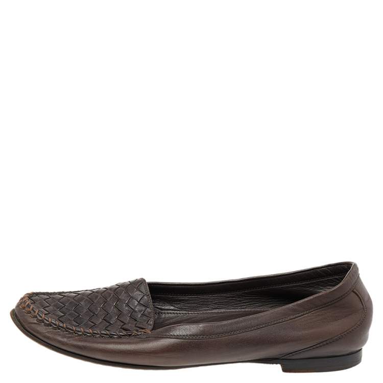 Pre Owned Bottega Veneta Brown Intrecciato Leather Slip On Loafers Size 40