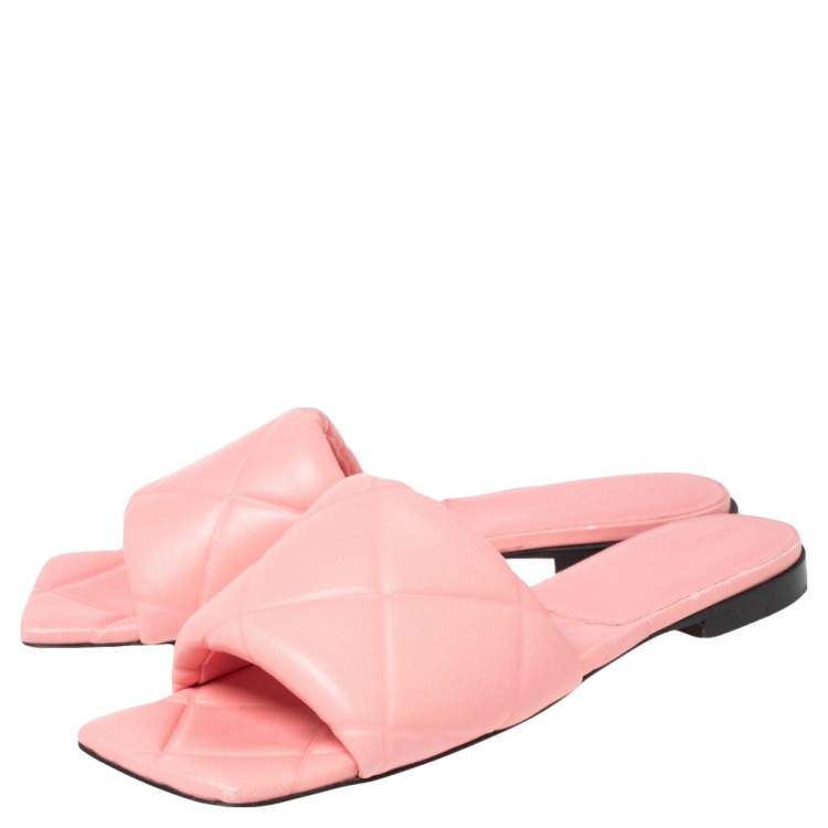 Pre Owned Bottega Veneta Pink Leather Lido Flat Slides Size 38