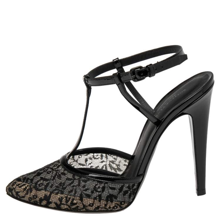 Pre Owned Bottega Veneta Black Lace and Patent Leather Ankle Strap Sandals Size 38