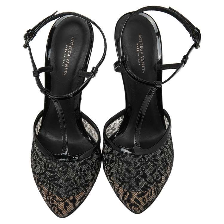 Pre Owned Bottega Veneta Black Lace and Patent Leather Ankle Strap Sandals Size 38