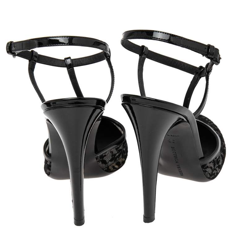 Pre Owned Bottega Veneta Black Lace and Patent Leather Ankle Strap Sandals Size 38