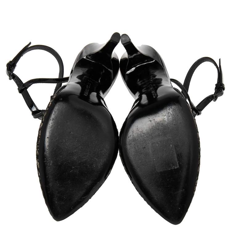Pre Owned Bottega Veneta Black Lace and Patent Leather Ankle Strap Sandals Size 38