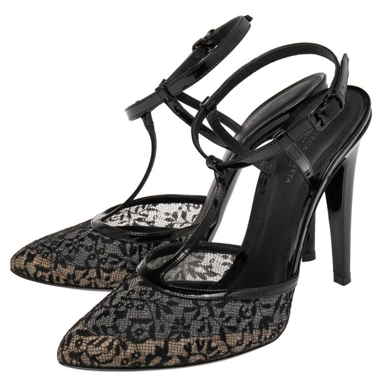 Pre Owned Bottega Veneta Black Lace and Patent Leather Ankle Strap Sandals Size 38