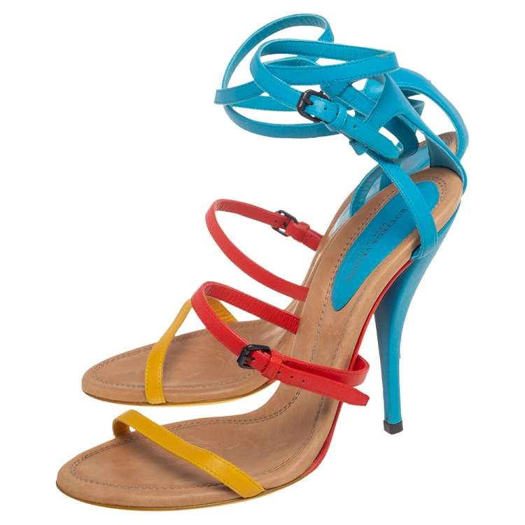 Pre Owned Bottega Veneta Multicolor Leather Strappy Ankle Strap Sandals Size 38