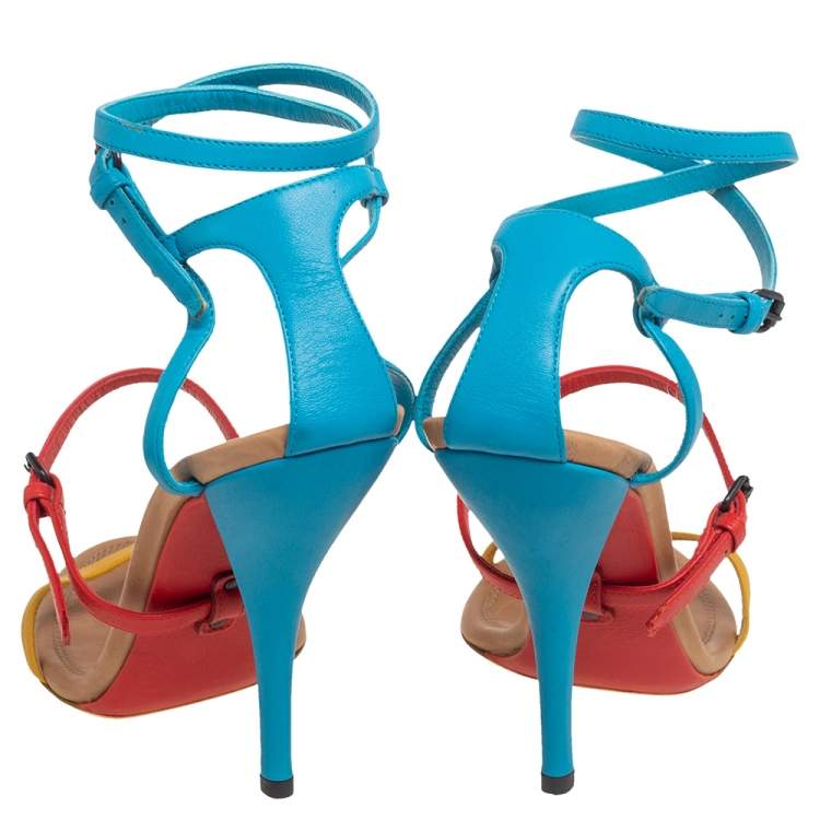 Pre Owned Bottega Veneta Multicolor Leather Strappy Ankle Strap Sandals Size 38