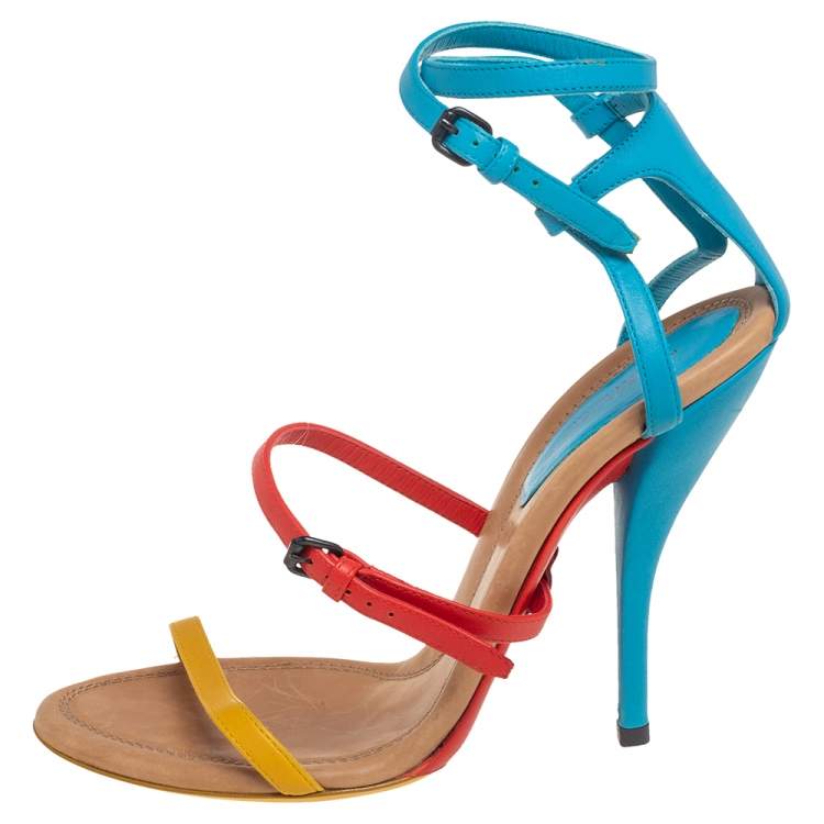 Pre Owned Bottega Veneta Multicolor Leather Strappy Ankle Strap Sandals Size 38