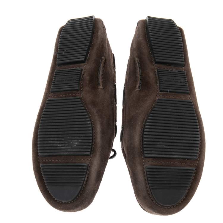 Pre Owned Bottega Veneta Brown  Intrecciato Suede Trim Bow Loafers Size 38.5