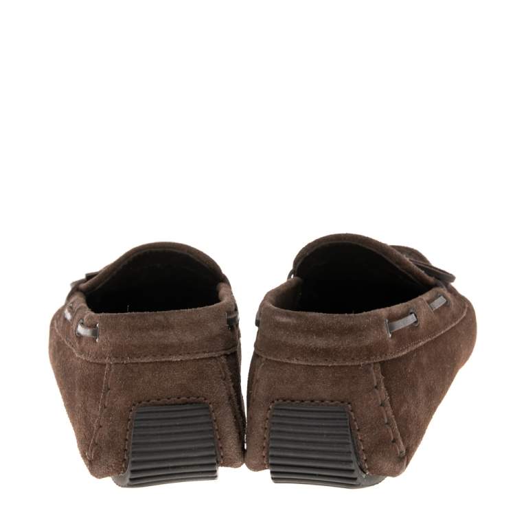 Pre Owned Bottega Veneta Brown  Intrecciato Suede Trim Bow Loafers Size 38.5