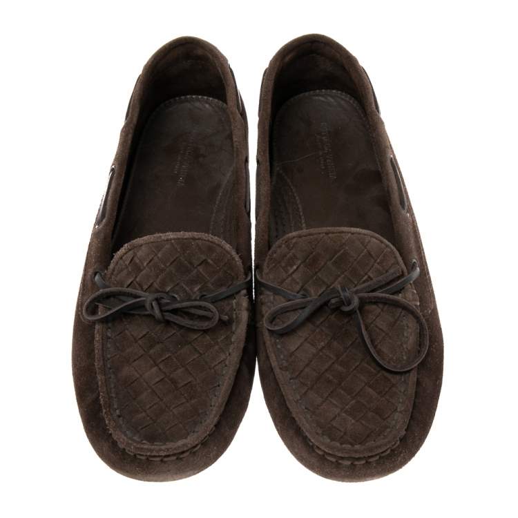 Pre Owned Bottega Veneta Brown  Intrecciato Suede Trim Bow Loafers Size 38.5