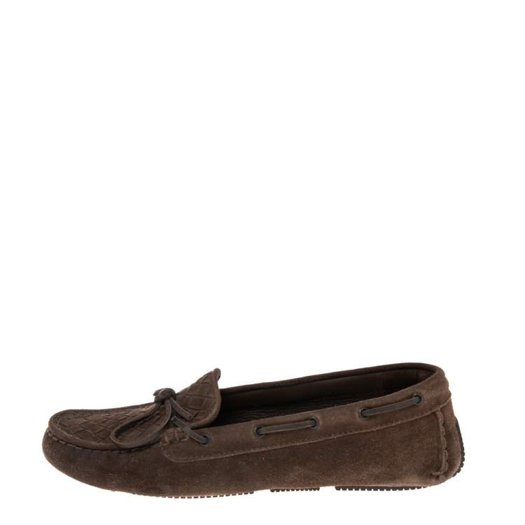 Pre Owned Bottega Veneta Brown  Intrecciato Suede Trim Bow Loafers Size 38.5