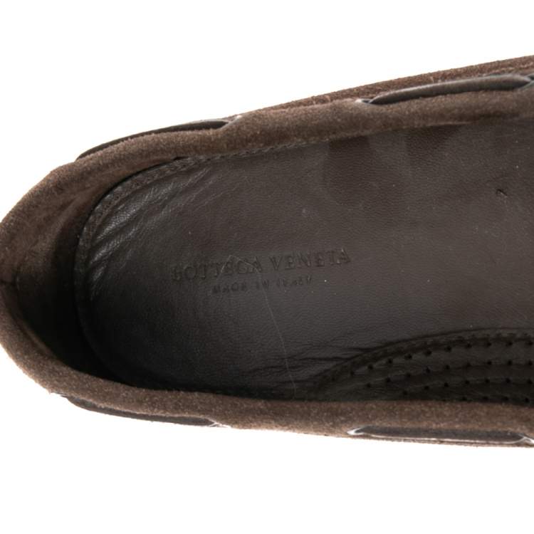 Pre Owned Bottega Veneta Brown  Intrecciato Suede Trim Bow Loafers Size 38.5