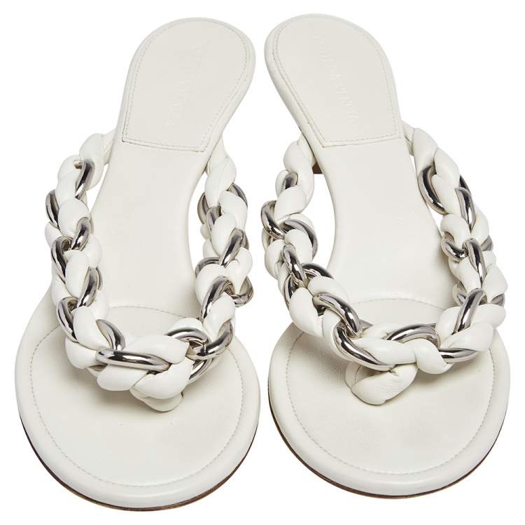 Pre Owned Bottega Veneta Off White Braided Leather & Chain Thong  Sandals Size 39