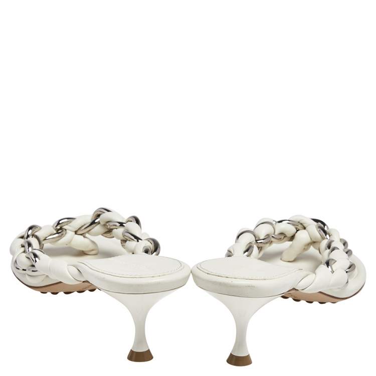 Pre Owned Bottega Veneta Off White Braided Leather & Chain Thong  Sandals Size 39