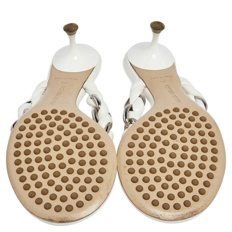 Pre Owned Bottega Veneta Off White Braided Leather & Chain Thong  Sandals Size 39