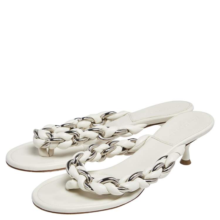 Pre Owned Bottega Veneta Off White Braided Leather & Chain Thong  Sandals Size 39