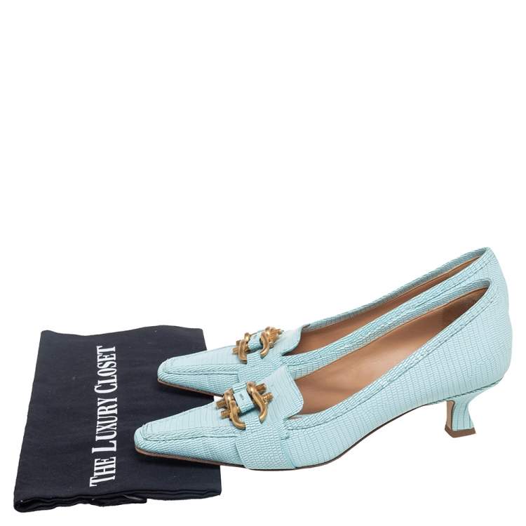 Pre Owned Bottega Veneta Blue Lizard Embossed Leather Madame Pumps Size 39
