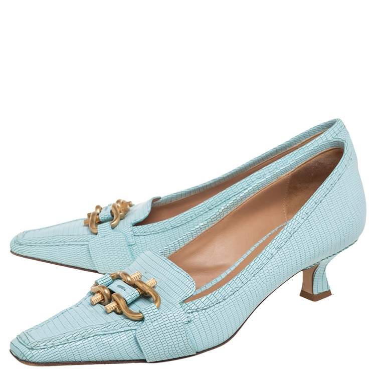Pre Owned Bottega Veneta Blue Lizard Embossed Leather Madame Pumps Size 39