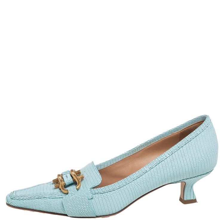 Pre Owned Bottega Veneta Blue Lizard Embossed Leather Madame Pumps Size 39