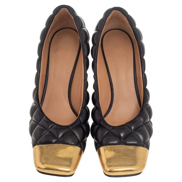 Pre Owned Bottega Veneta Quilted Black Leather Square Metal Cap Toe Pumps Size 39