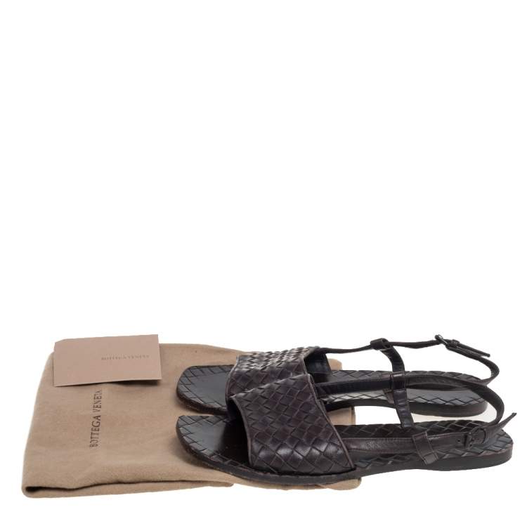 Pre Owned Bottega Veneta Dark Brown Intreciatto Leather Calvados Slingback Flats Size 36.5