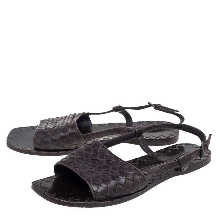 Pre Owned Bottega Veneta Dark Brown Intreciatto Leather Calvados Slingback Flats Size 36.5