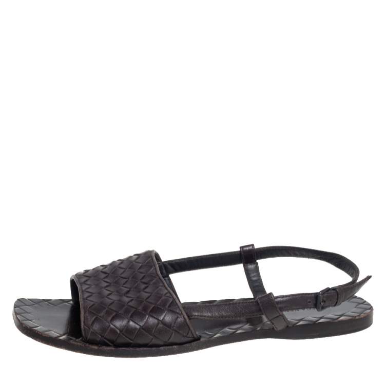 Pre Owned Bottega Veneta Dark Brown Intreciatto Leather Calvados Slingback Flats Size 36.5
