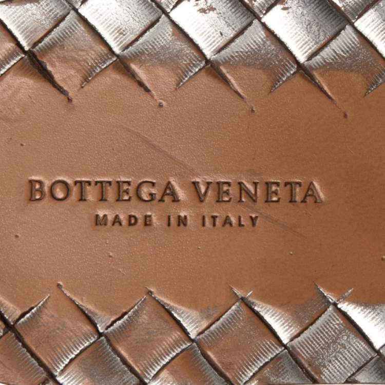 Pre Owned Bottega Veneta Metallic Grey Intrecciato Leather Flat Slide Sandals Size 36