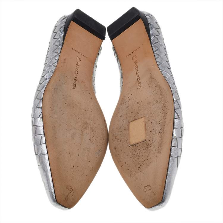 Pre Owned Bottega Veneta Silver Intrecciato Leather Ballet Flats Size 36