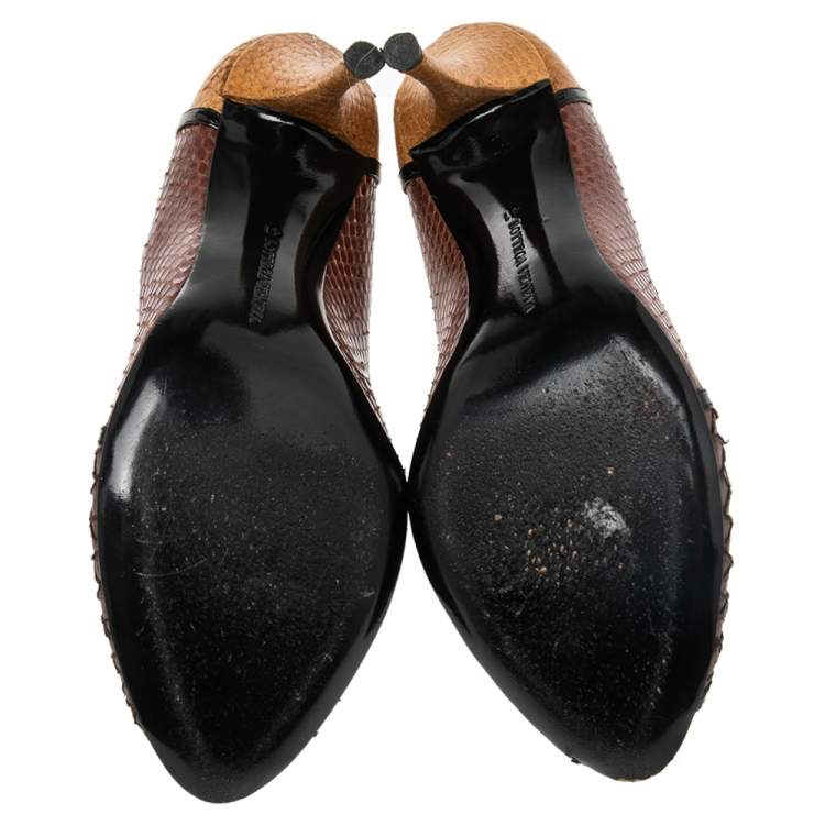 Pre Owned Bottega Veneta Multicolor Snakeskin Embossed Leather And Patent Leather  Peep Toe Pumps Size 41