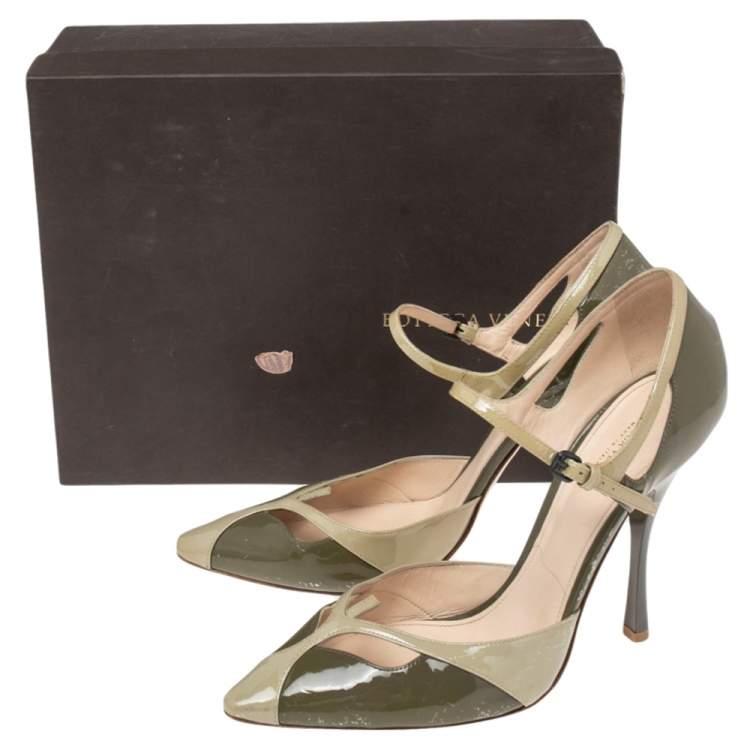 Pre Owned Bottega Veneta Olive Green Patent Leather Ankle Strap Sandals Size 40