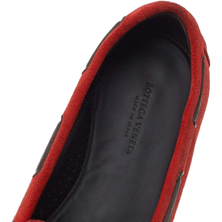 Pre Owned Bottega Veneta Orange Intrecciato Suede Bow Slip On Loafers Size 37