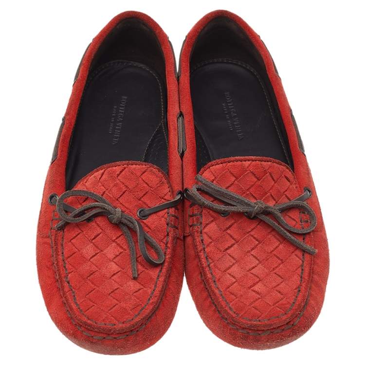 Pre Owned Bottega Veneta Orange Intrecciato Suede Bow Slip On Loafers Size 37