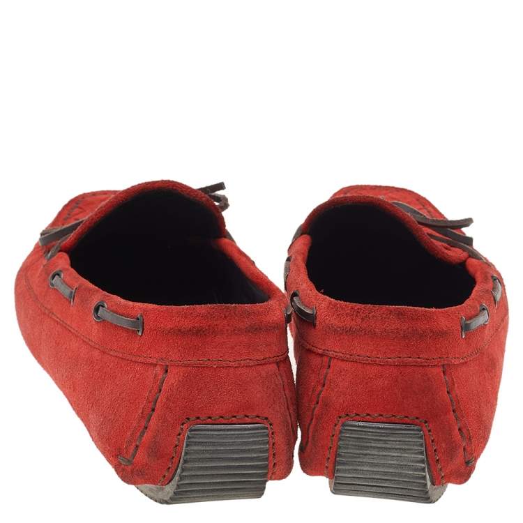 Pre Owned Bottega Veneta Orange Intrecciato Suede Bow Slip On Loafers Size 37