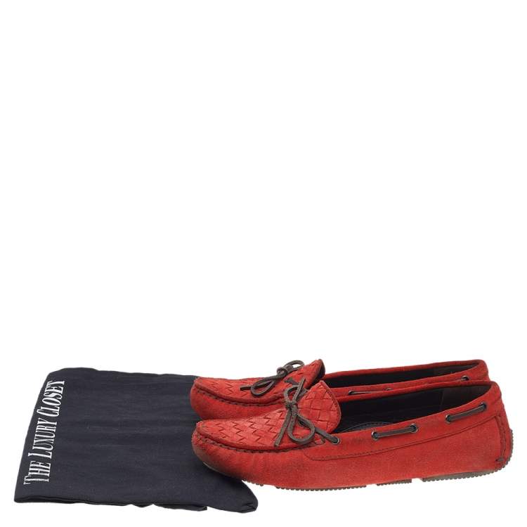 Pre Owned Bottega Veneta Orange Intrecciato Suede Bow Slip On Loafers Size 37