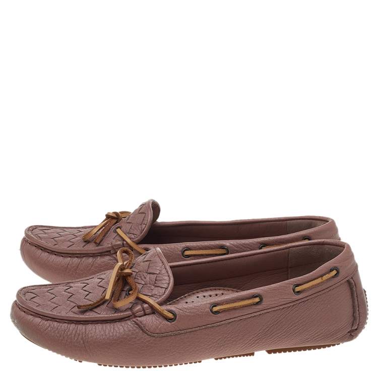 Pre Owned Bottega Veneta Beige Intrecciato Leather Bow Slip On Loafers Size 37