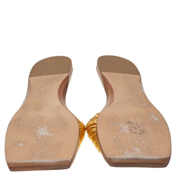 Pre Owned Bottega Veneta Gold Pleated Leather Flat Slides Size 40 