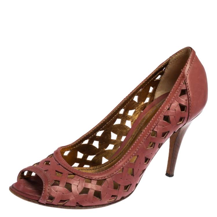 Pre Owned Bottega Veneta Pink Leather Laser Cut Open Toe Pumps Size 36.5