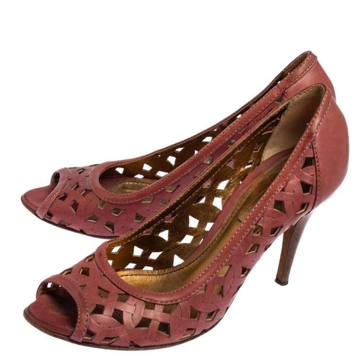 Pre Owned Bottega Veneta Pink Leather Laser Cut Open Toe Pumps Size 36.5