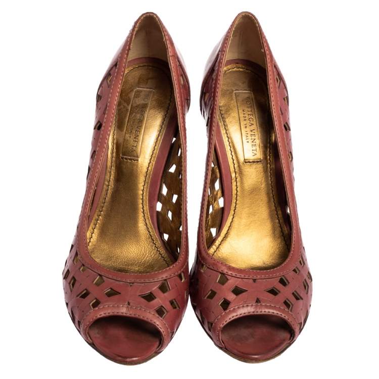 Pre Owned Bottega Veneta Pink Leather Laser Cut Open Toe Pumps Size 36.5