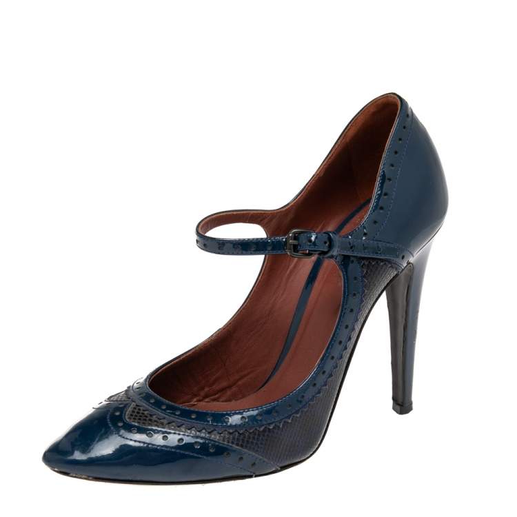Pre Owned Bottega Veneta Blue Patent Leather And Leather Mary Jane Pumps Size 37.5