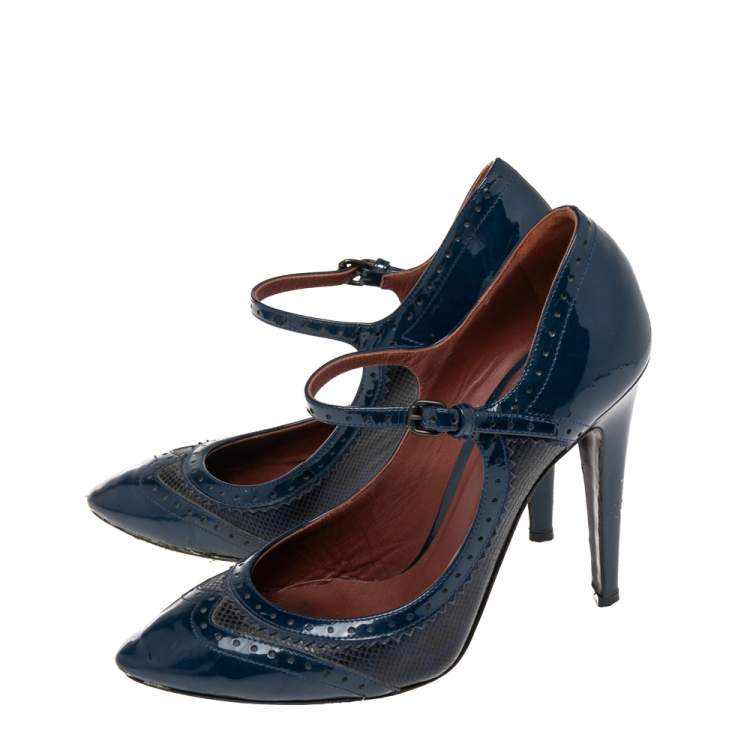 Pre Owned Bottega Veneta Blue Patent Leather And Leather Mary Jane Pumps Size 37.5