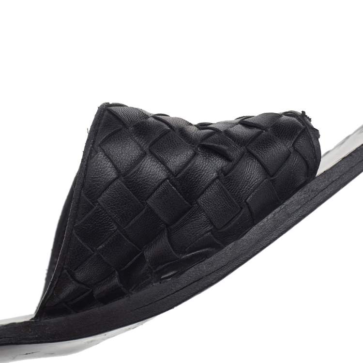 Pre Owned Bottega Veneta Black Intrecciato Leather Ravello Slide Sandals Size 36.5